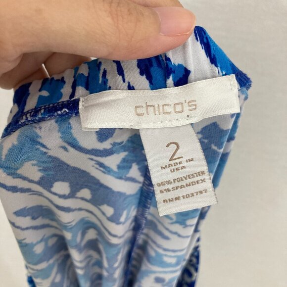 Chico’s Blue White Artsy Print Asymmetric Hem Coastal Stretch Skirt Large/2 - Picture 3 of 8